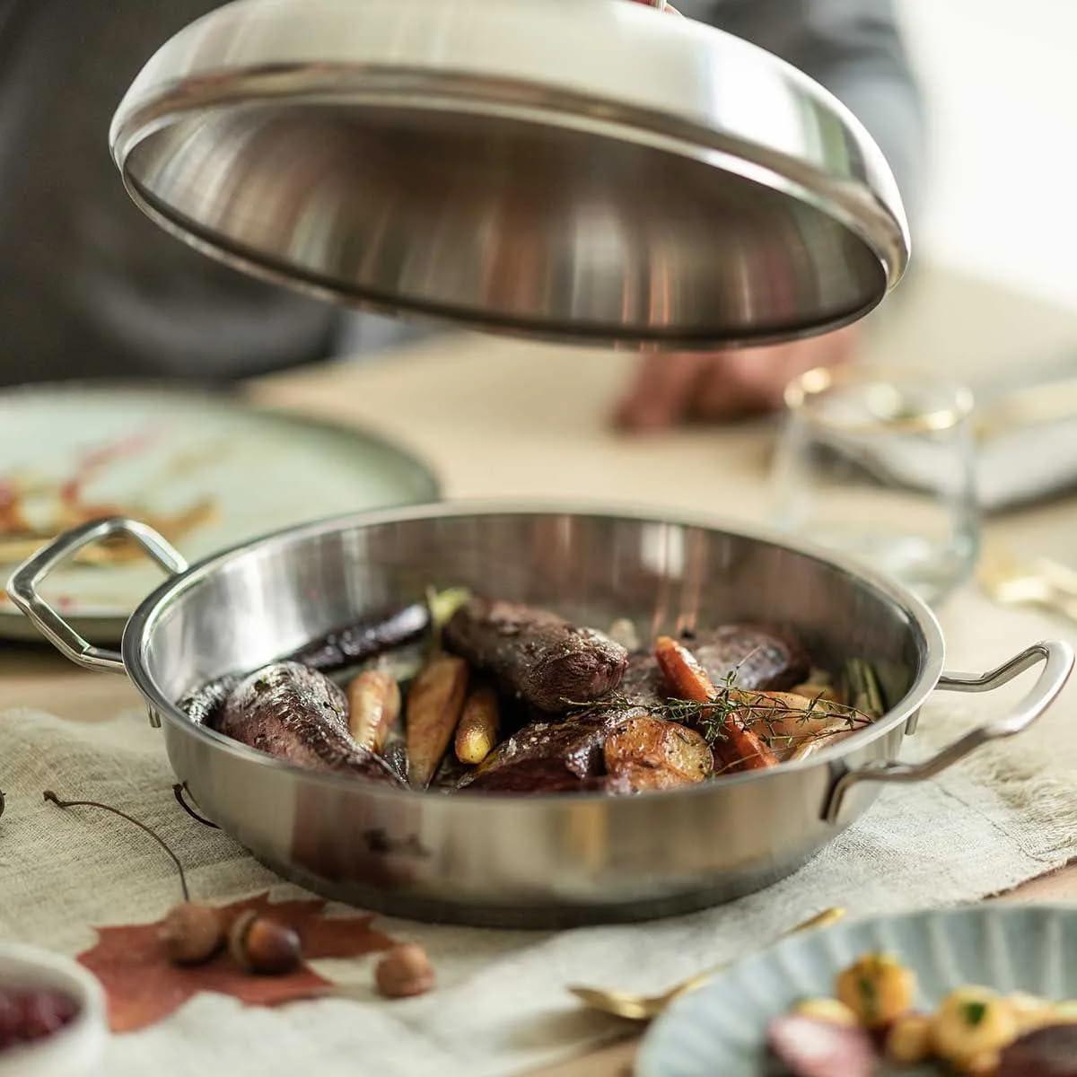 image:imageFissler OriginalProfi Collection Stainless Steel 95 Inch Serving Pan with High Dome Metal Lid11 Inch