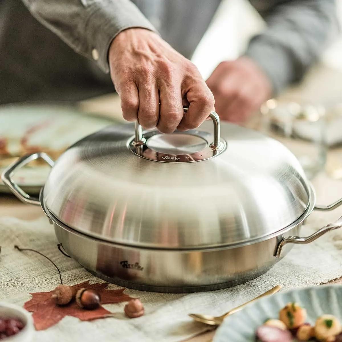 image:imageFissler OriginalProfi Collection Stainless Steel 95 Inch Serving Pan with High Dome Metal Lid11 Inch