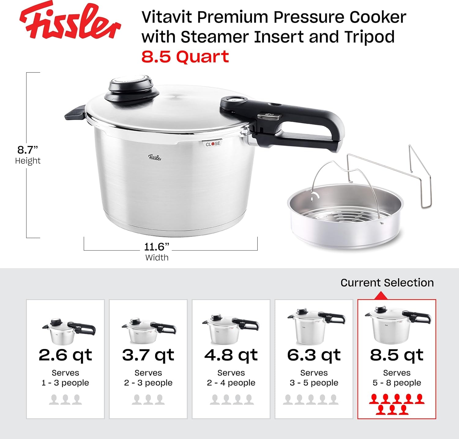 image:imageFissler Vitavit Premium Pressure Cooker with Steamer Insert 85 QuartStainless Steel