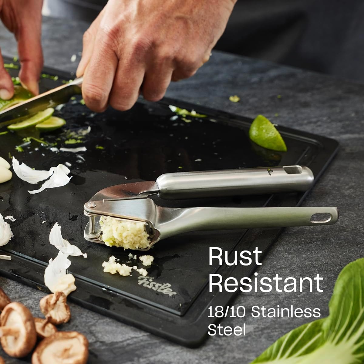 image:imageFissler Essential Garlic Press 1810 Stainless Steel Garlic Mincer amp Crusher Kitchen Cooking Utensil Ergonomic Handle Easy to Clean Dishwasher Safe