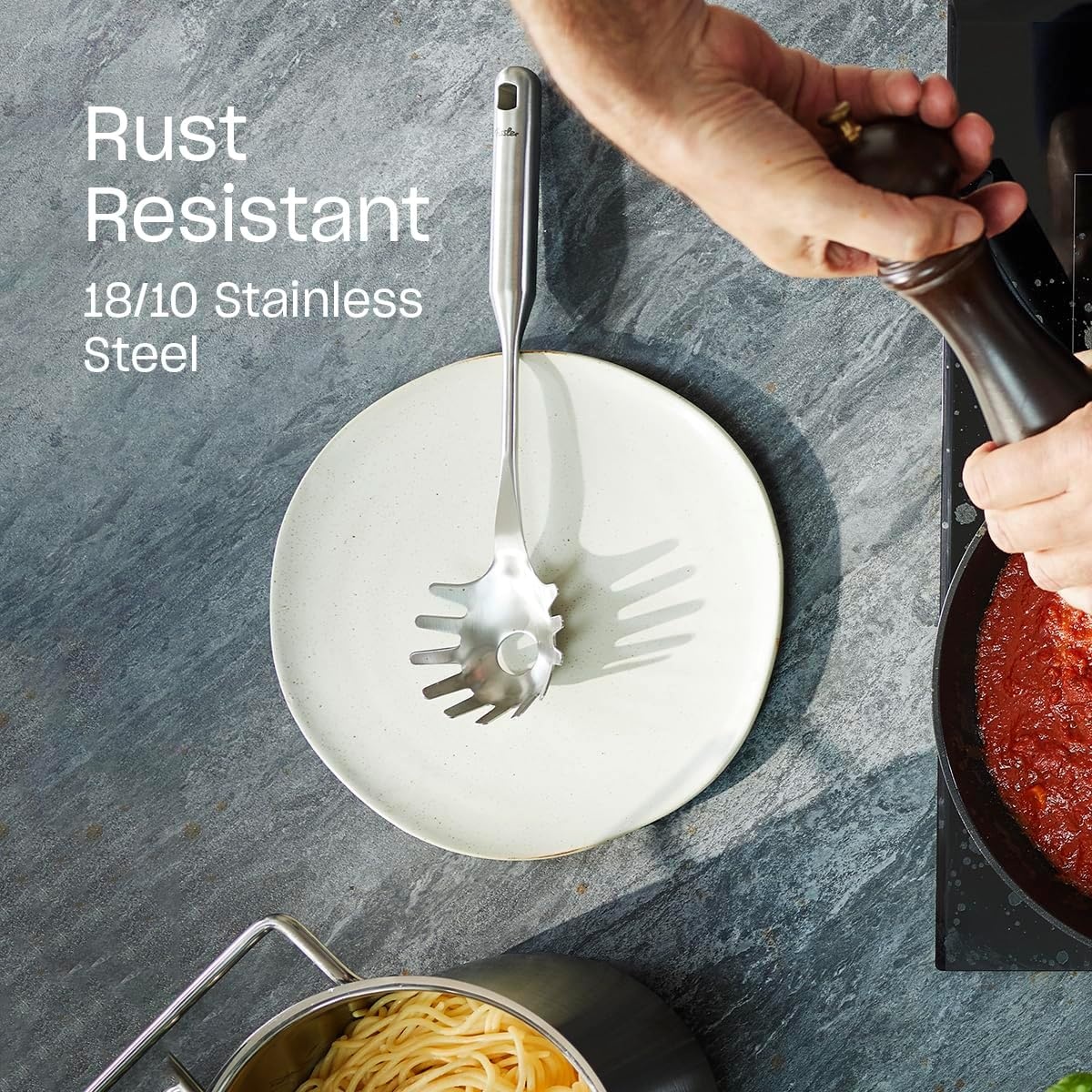image:imageFissler Essential Pasta Fork 1810 Stainless Steel Kitchen Utensil for Serving Pasta amp Noodles Ergonomic Handle Dishwasher Safe