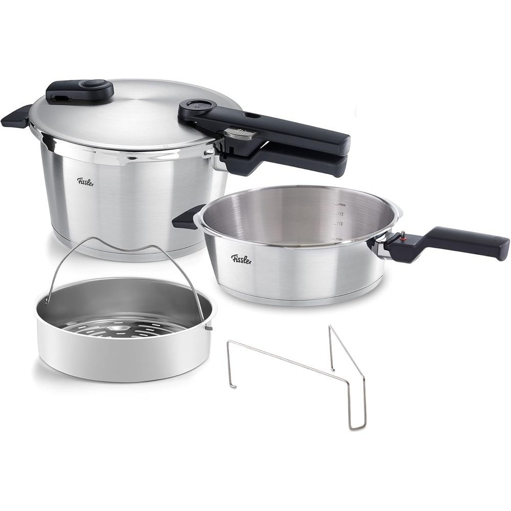 image:imageFissler Vitaquick Premium 2 Piece Set 26 Quart Pressure Skillet and 48 Quart Pressure Cooker with Steamer Insert and Tripod