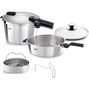 image:imageFissler Vitaquick Premium 3 Piece Set 42 Quart Pressure Skillet and 85 Quart Pressure Cooker with Steamer Insert and Tripod and Glass Lid