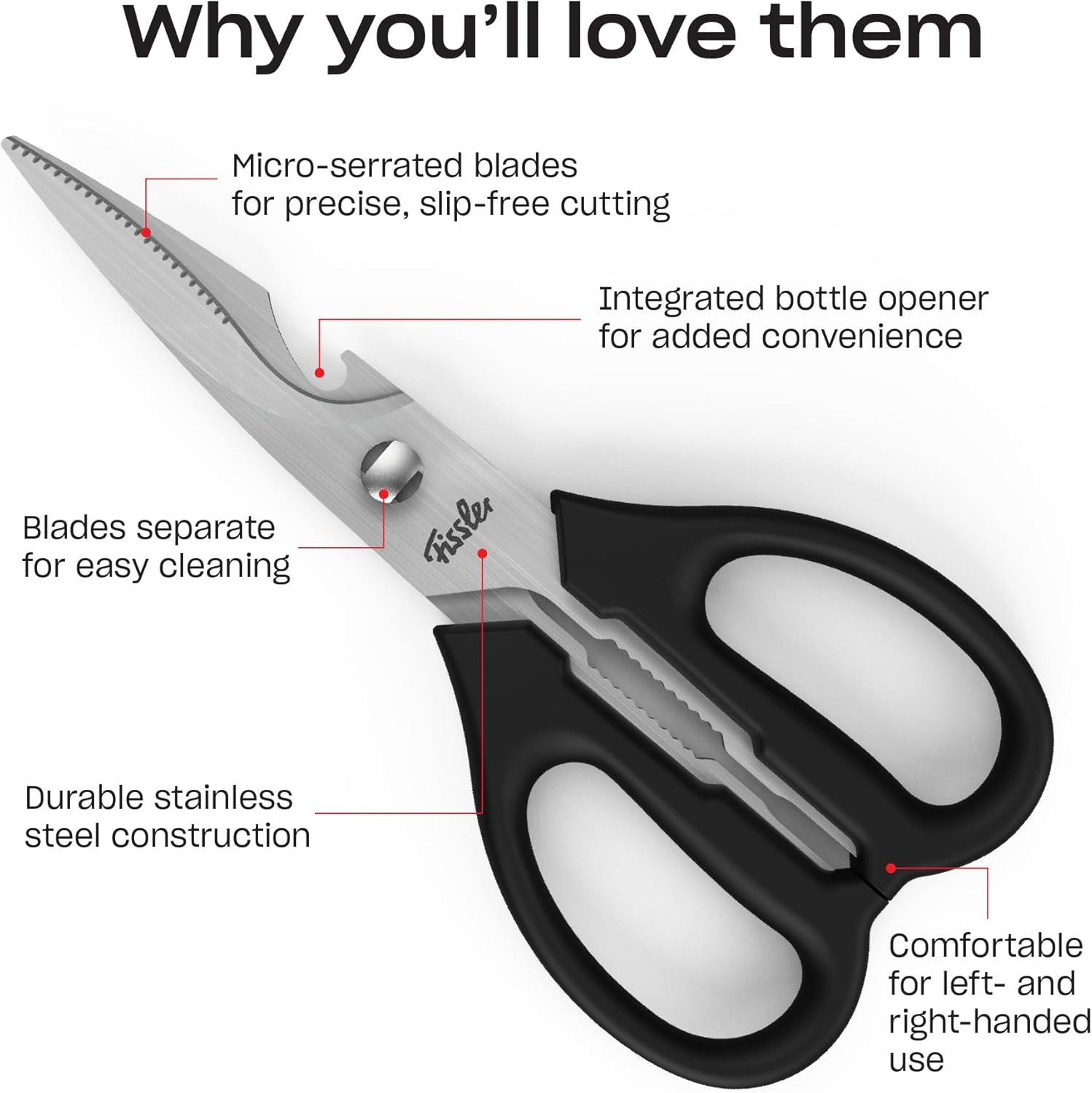 image:imageFissler Stainless Steel Kitchen Scissors with Bottle Opener Universal MultiPurpose Kitchen Shears with MicroSerrated Blades Detachable for Easy Cleaning Right amp LeftHanded Use